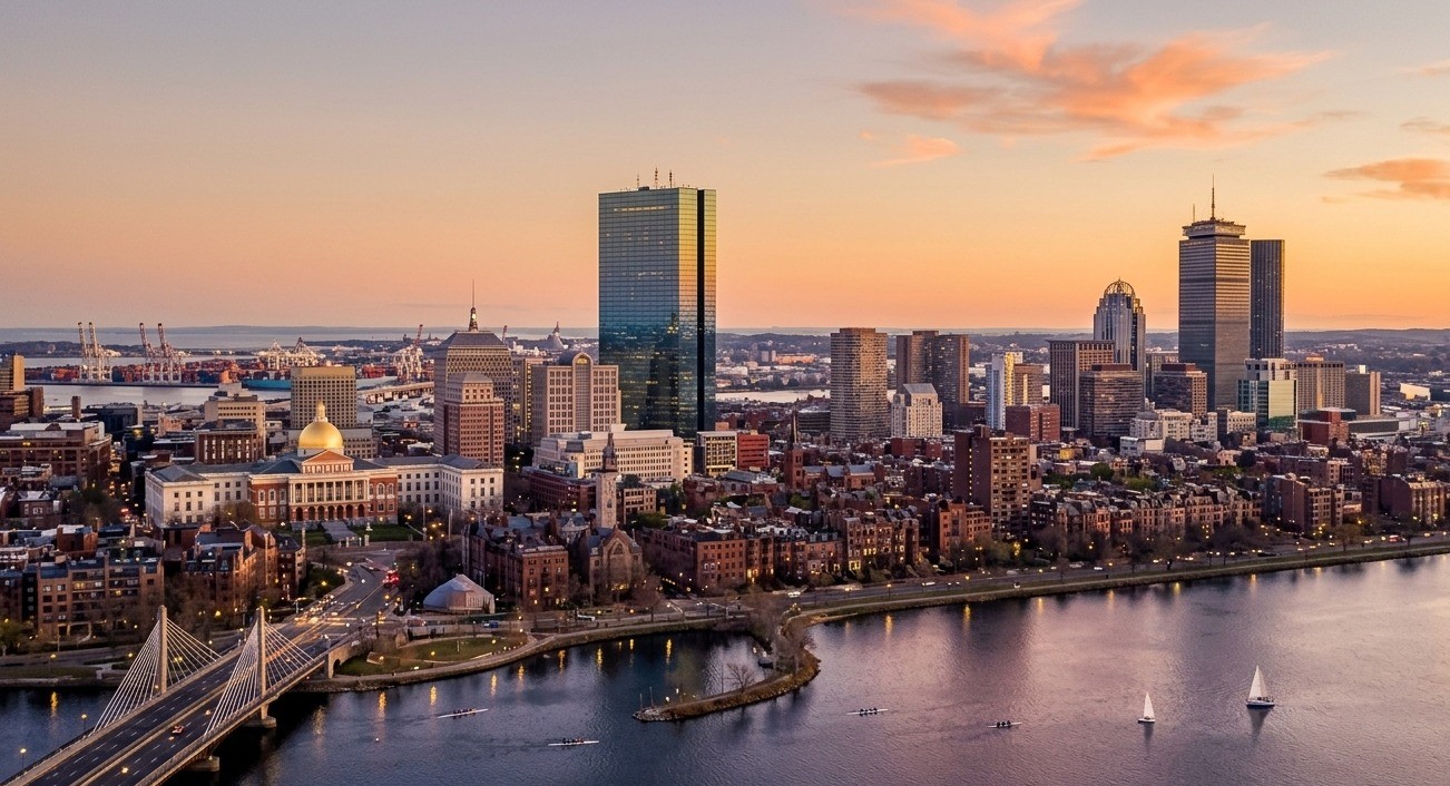 Boston skyline over the Charles River at sunset
