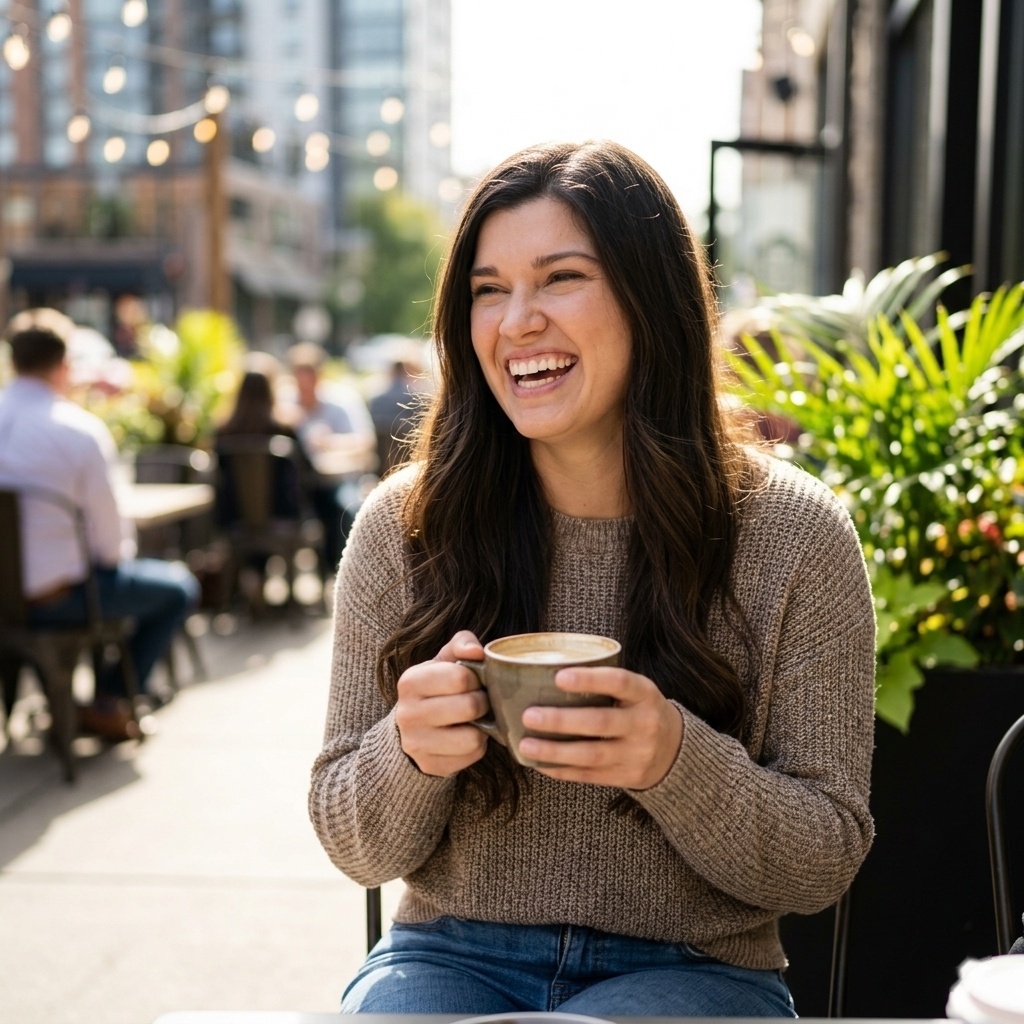 Nicole Protheroe smiling over coffee at a sunny Boston sidewalk cafe